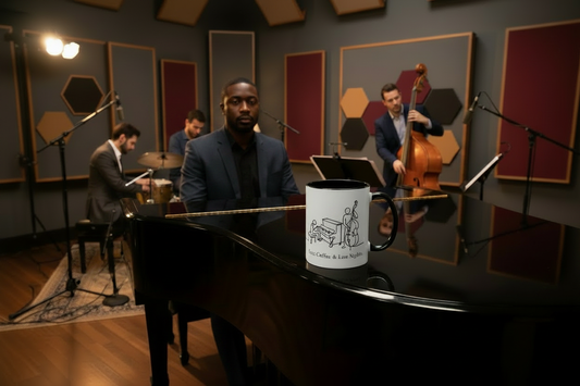 African American male pianist at baby grand piano with mug in recording studio