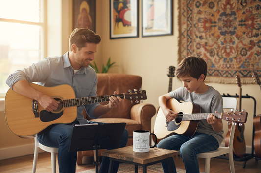 Guitar Teacher and Student with Mug