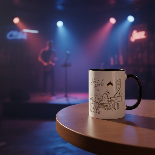 Jazz Lives Here mug in a late-night club
