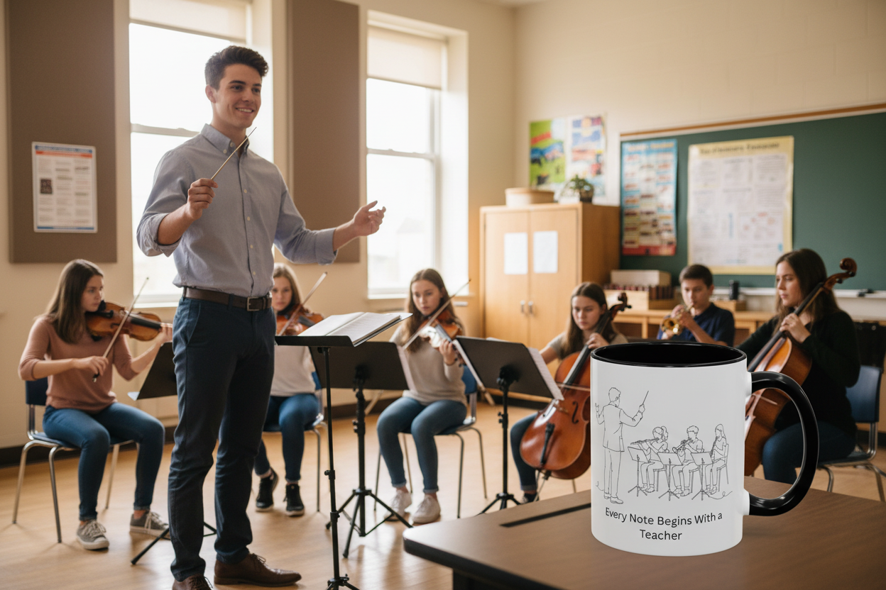 Student Bandleader with Mug on Desk