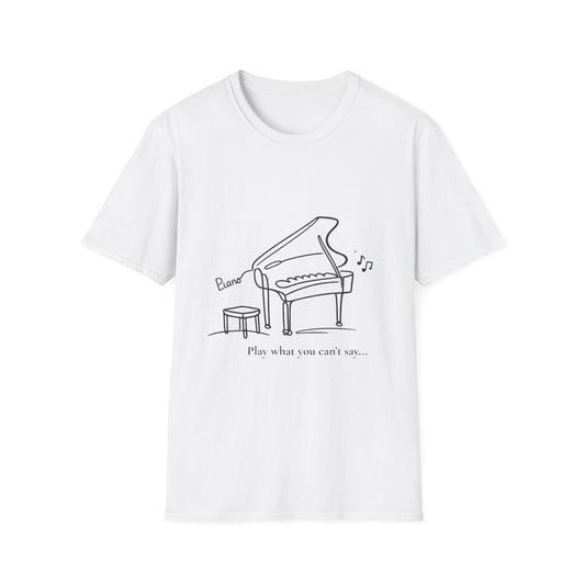 Piano Line Art T-Shirt — "Play What You Can't Say" Music Lover Tee