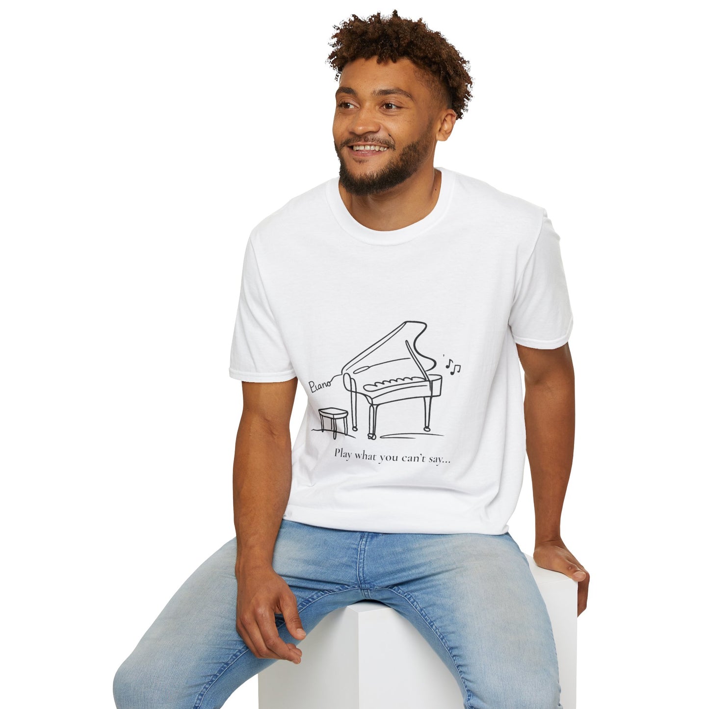 Piano Line Art T-Shirt — "Play What You Can't Say" Music Lover Tee