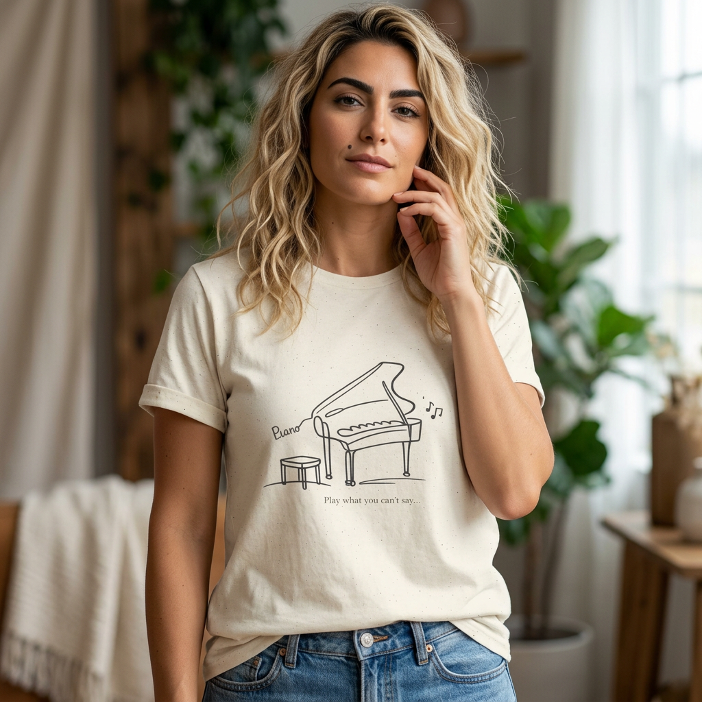 Piano Line Art T-Shirt — "Play What You Can't Say" Music Lover Tee