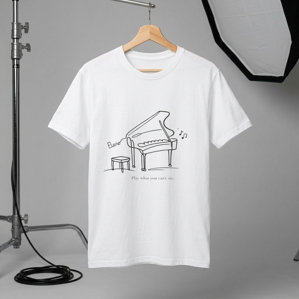 Piano Line Art T-Shirt — "Play What You Can't Say" Music Lover Tee