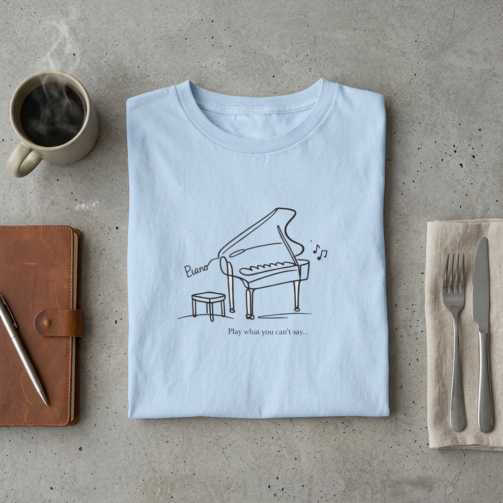 Piano Line Art T-Shirt — "Play What You Can't Say" Music Lover Tee