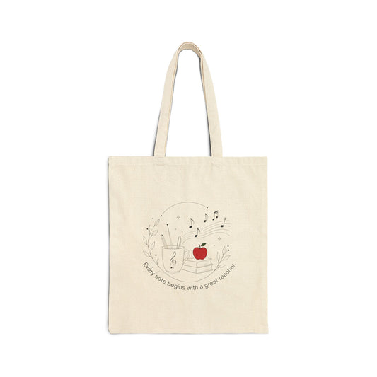 Teacher Appreciation Canvas Tote — “Every Note Begins with a Great Teacher” Book, Apple & Music Notes Design