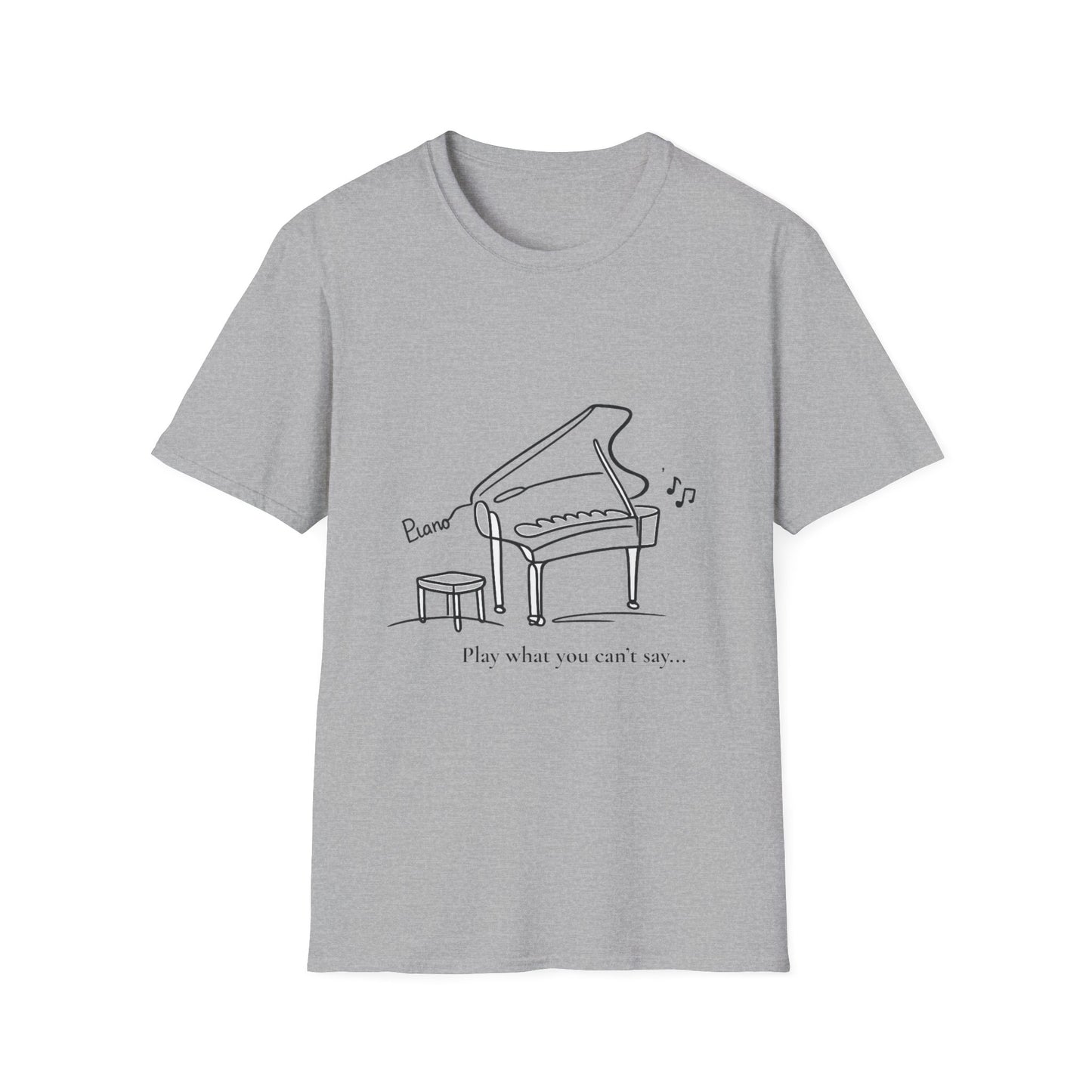 Piano Line Art T-Shirt — "Play What You Can't Say" Music Lover Tee