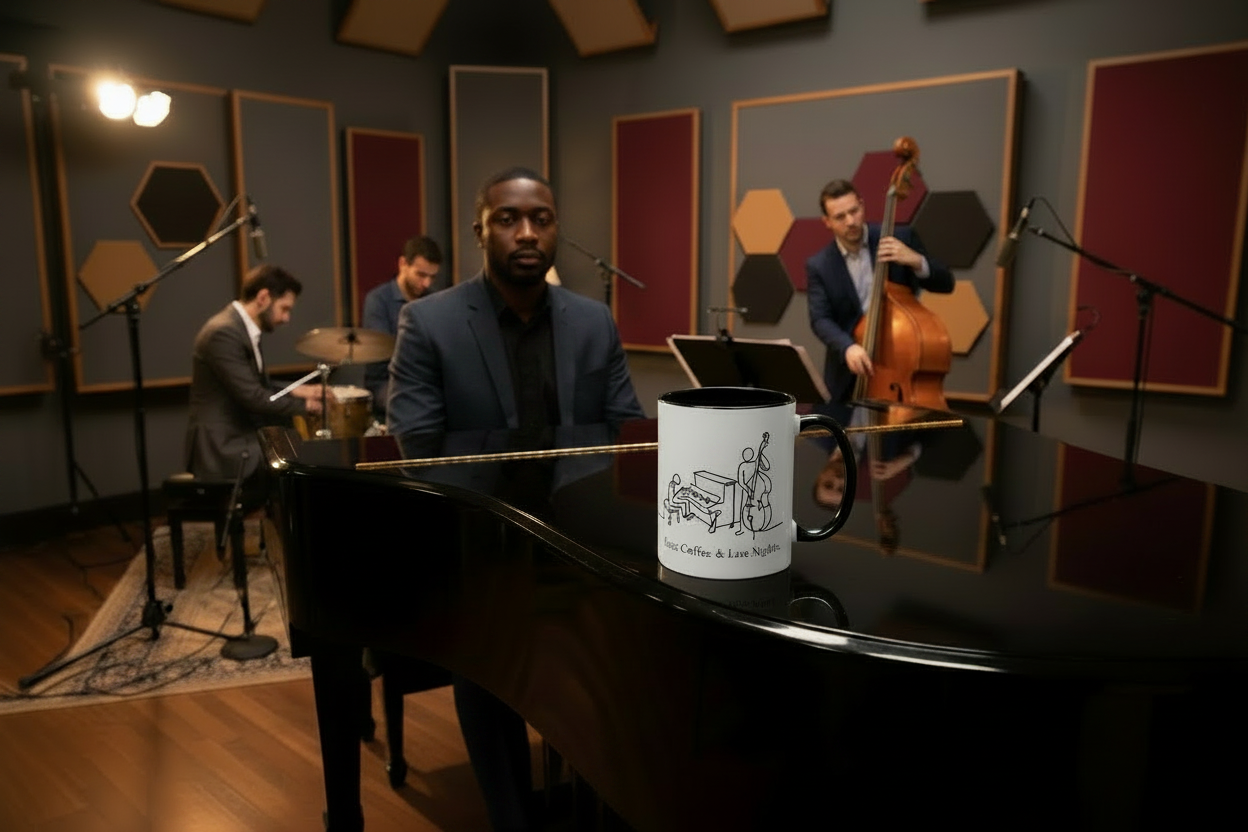 African American male pianist at baby grand piano with mug in recording studio