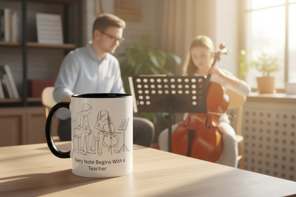 Cello Teacher and Student with Mug