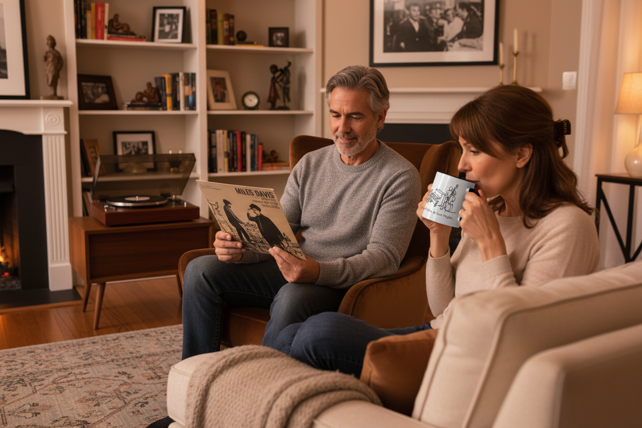 Couple in their 50s in living room with turntable, man holding jazz album, woman holding mug