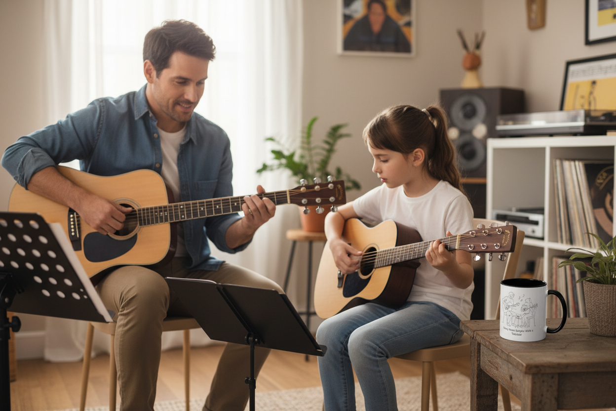 Guitar Teacher and Female Student with Mug