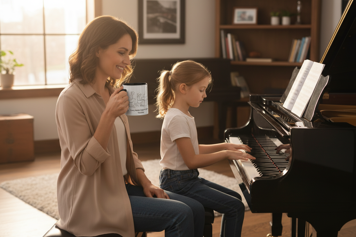Piano Teacher Sipping Tea with Student