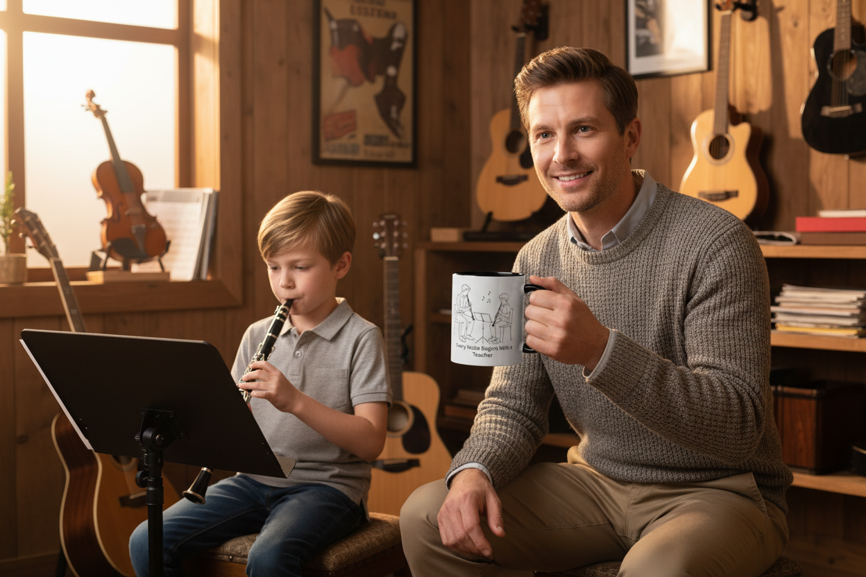 Teacher Holding Mug with Student Playing Clarinet
