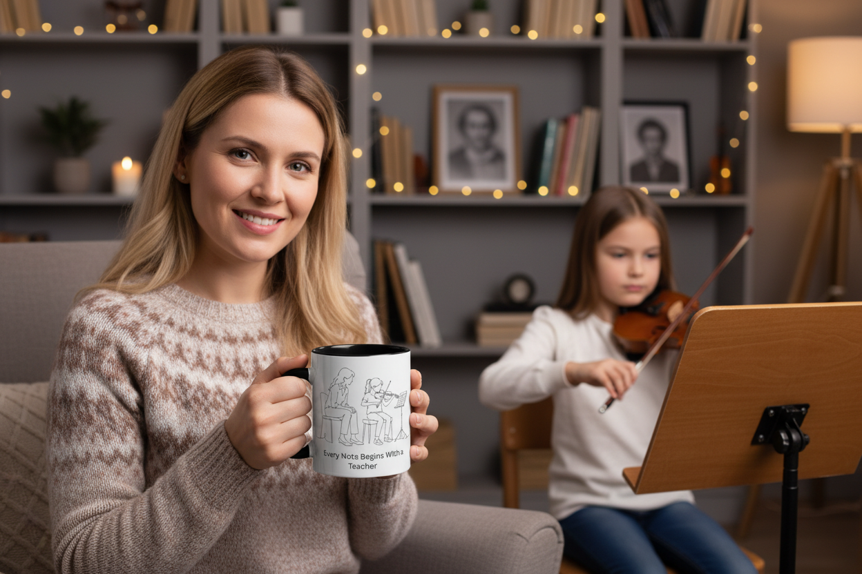 Violin Teacher Drinking from Mug